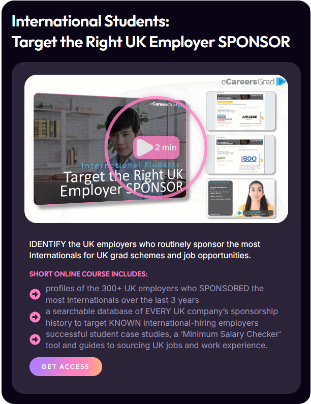 Screenshot of eCareersGrad's offering for international students targeting UK employer sponsors