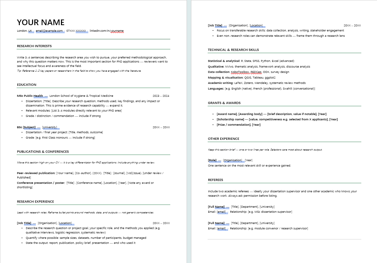 PhD CV Template Screenshot